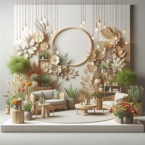 3D image in loft style on a light gray background on the theme of FLOWERS AND PLANTS ON THE exhibitional STAND FLOWERS AND PLANTS ON THE STAND: SECRETS OF IMPRESSIVE DESIGN